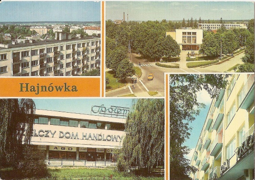 Hajnówka_1) Fragment miasta
2) Dom kultury " Leśnik "
3) Spółdzielczy Dom Handlowy
4) Blok mieszkalny przy ulicy 1 Maja