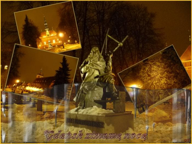 Wieczorem w Gdańsku, pomnik Jana Hevelusza, Wielki Młyn, Ratusz Staromiejski, Plan nieba #Gdańsk #zabytki #wieczór #zima #śnieg #światła
